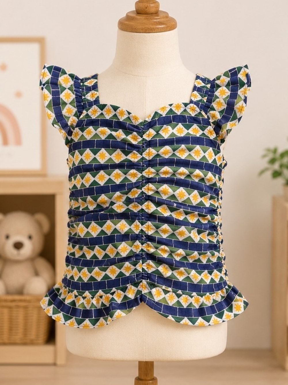 Girls' Navy Floral Stripe Ruffle Ruched Tank Top